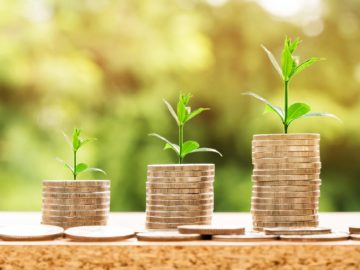 3 piles of coins with small plants springing from the top. The piles of coins are increasing in size from left to right.