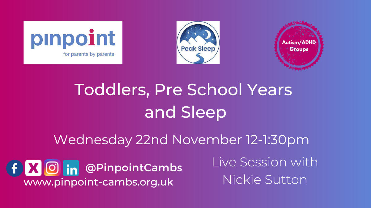 Toddlers, Pre School Years and Sleep, Wednesday 22nd November, 12-1:30pm. Live Session with Nickie Sutton. Pinpoint logo, Peak Sleep logo, Autism and ADHD Groups logo. Pinpoint website.