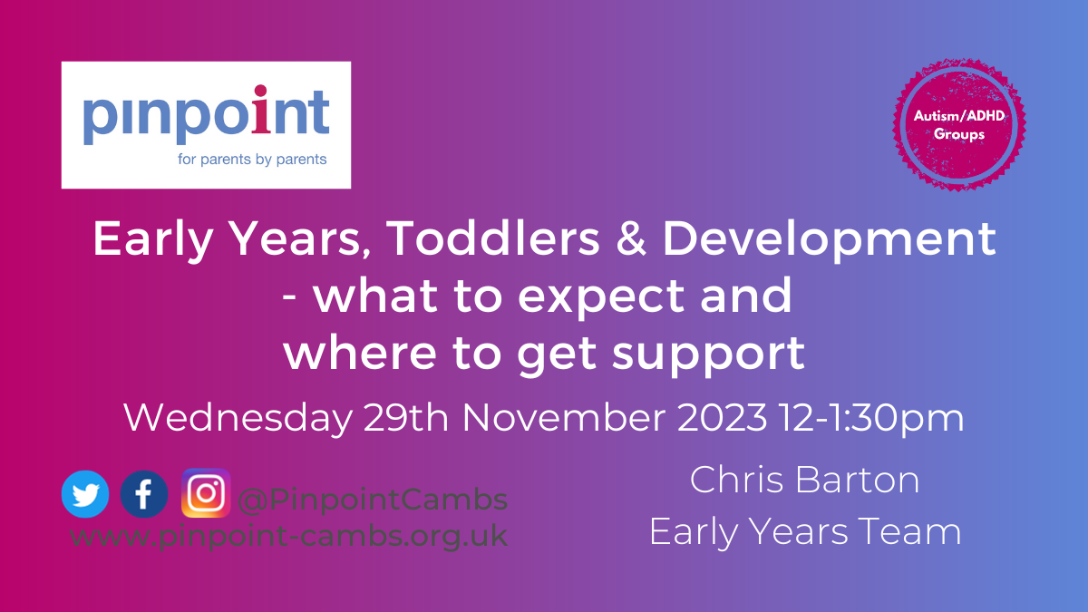 Early Years, Toddlers and Development, what to expect and where to get support Wednesday 29th November 2023 12-1.30pm with Christ Barton head of Early Years team. Pinpoint logo. Pinpoint website
