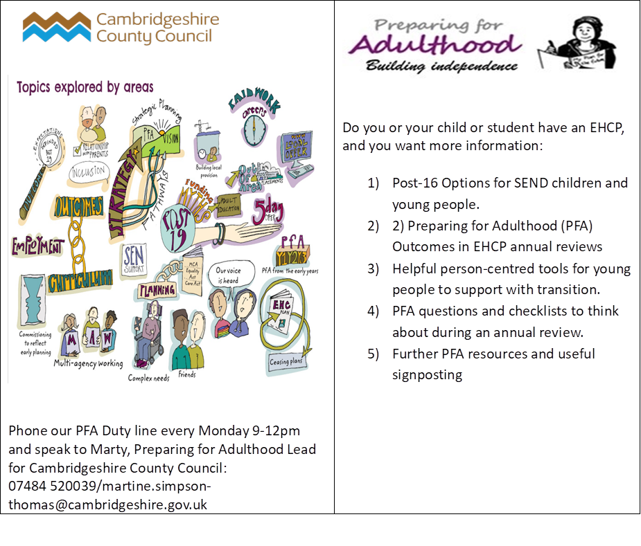 Cambridgeshire County Council's Preparing for Adulthood Duty Line. Do you or your child or student have an EHCP, and want more information? Phone our PfA Duty line Monday 9am-12pm and speak to Marty, the Preparing for Adulthood Lead: 07484520039 or email her at martine.simpson-thomas@cambridgeshire.gov.uk.