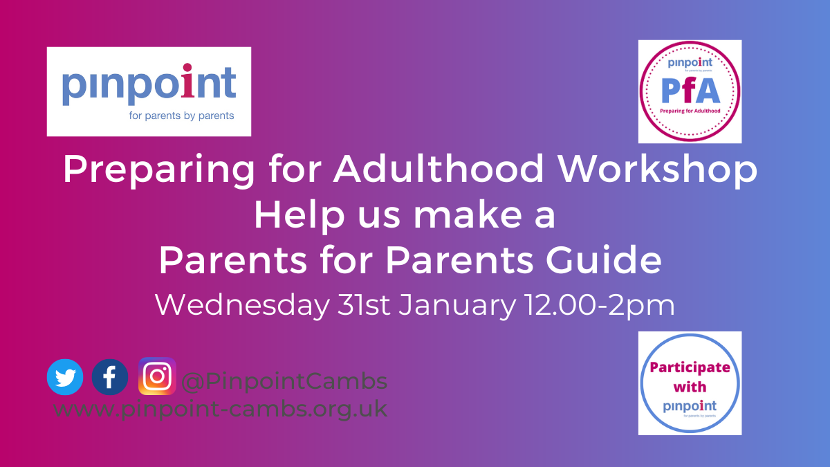 Preparing for Adulthood Workshop. Help us make a Parents for Parents Guide. Wednesday 31st January 12pm - 2pm. Pinpoint logo. Participate with Pinpoint logo. P F A logo.